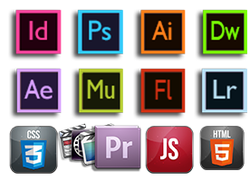 skills icons-adobe suite/web development/video editing